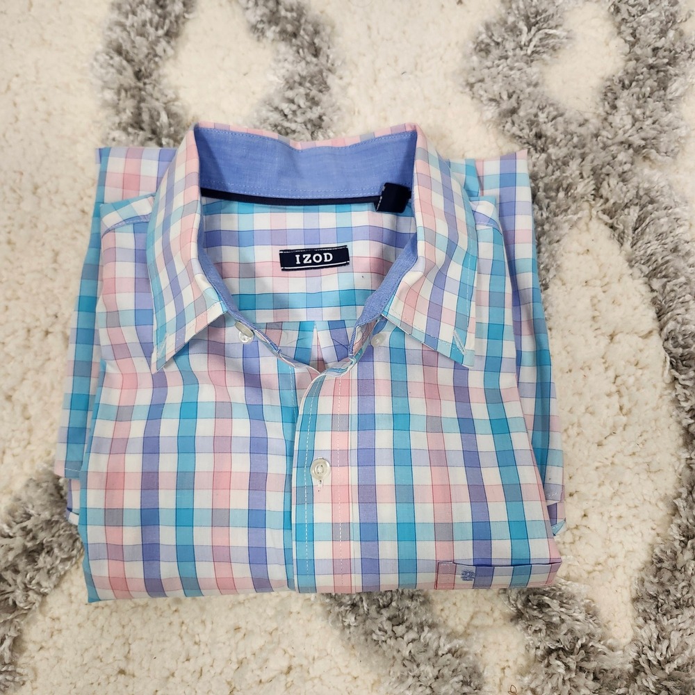 IZOD Mens Long Sleeve Button Down Shirt Plaid Blue Pink White Casual Size L - Picture 7 of 8